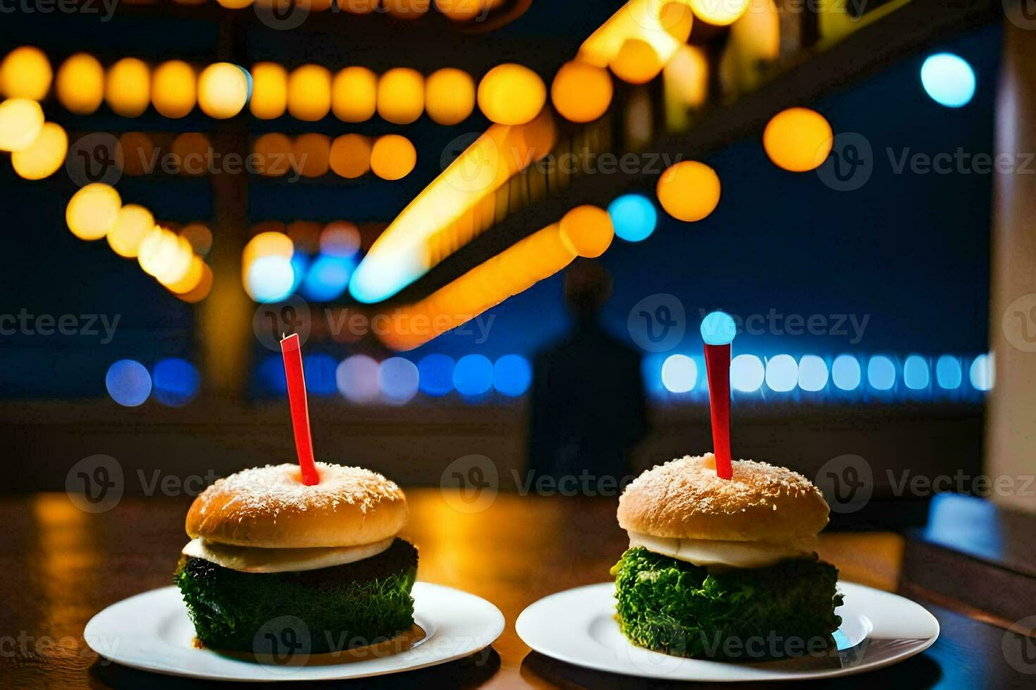 two hamburgers on white plates with red straws. AI-Generated photo