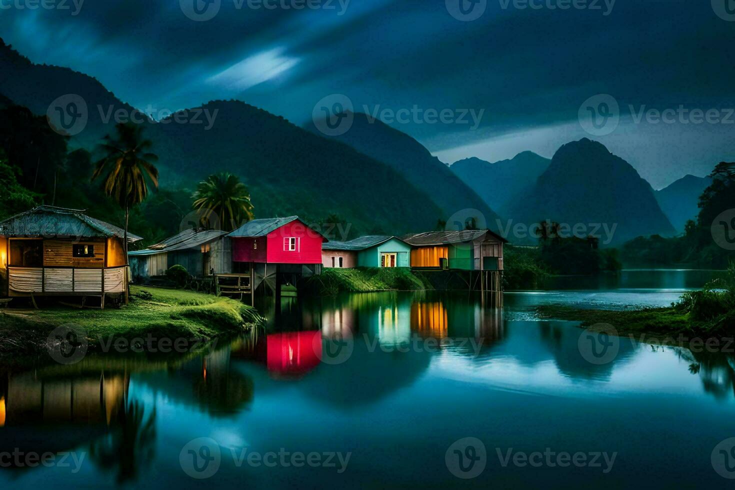 photo wallpaper the sky, mountains, water, house, the night, the mountains, viet. AI-Generated