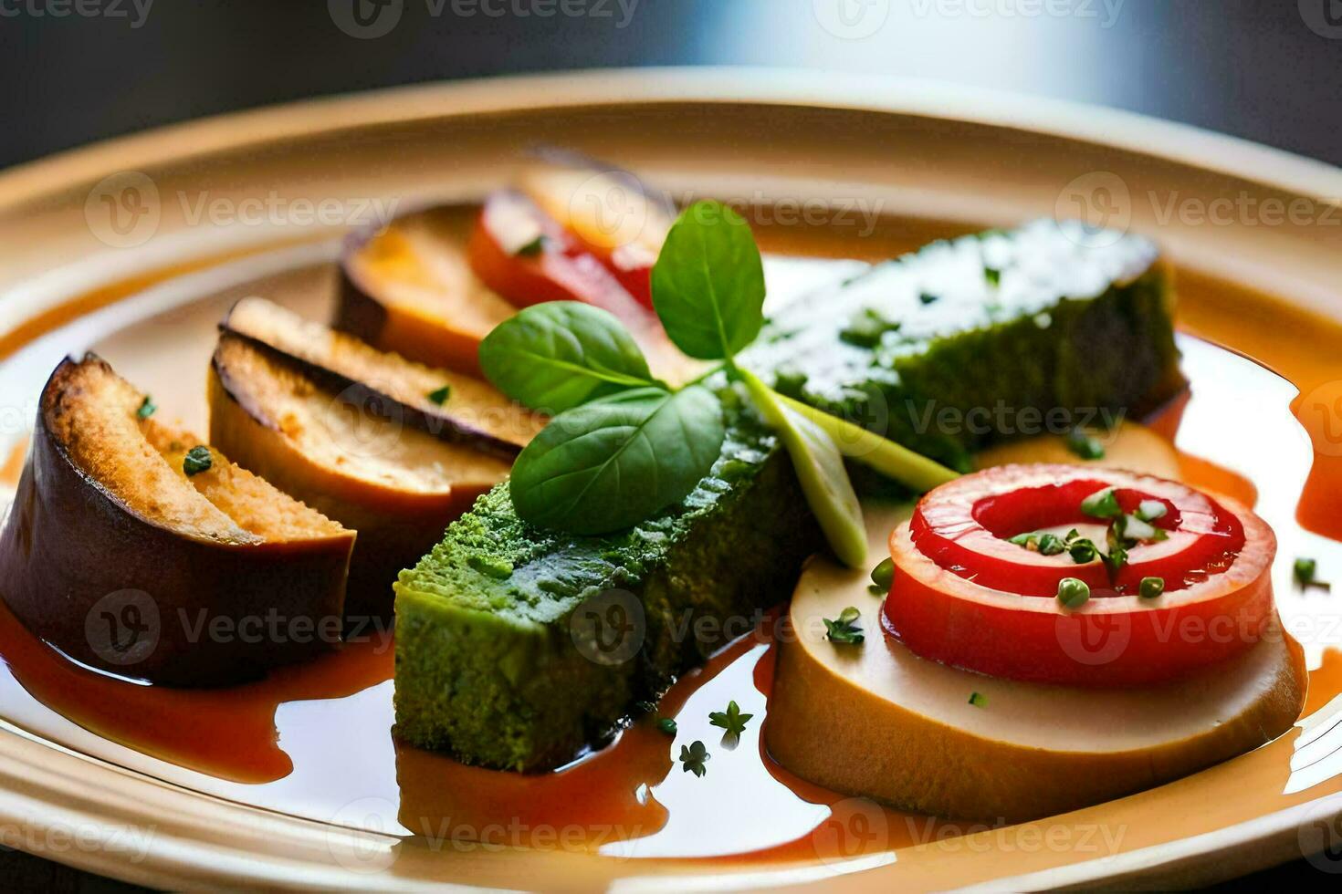 un plato con vegetales y salsa en él. generado por ai foto