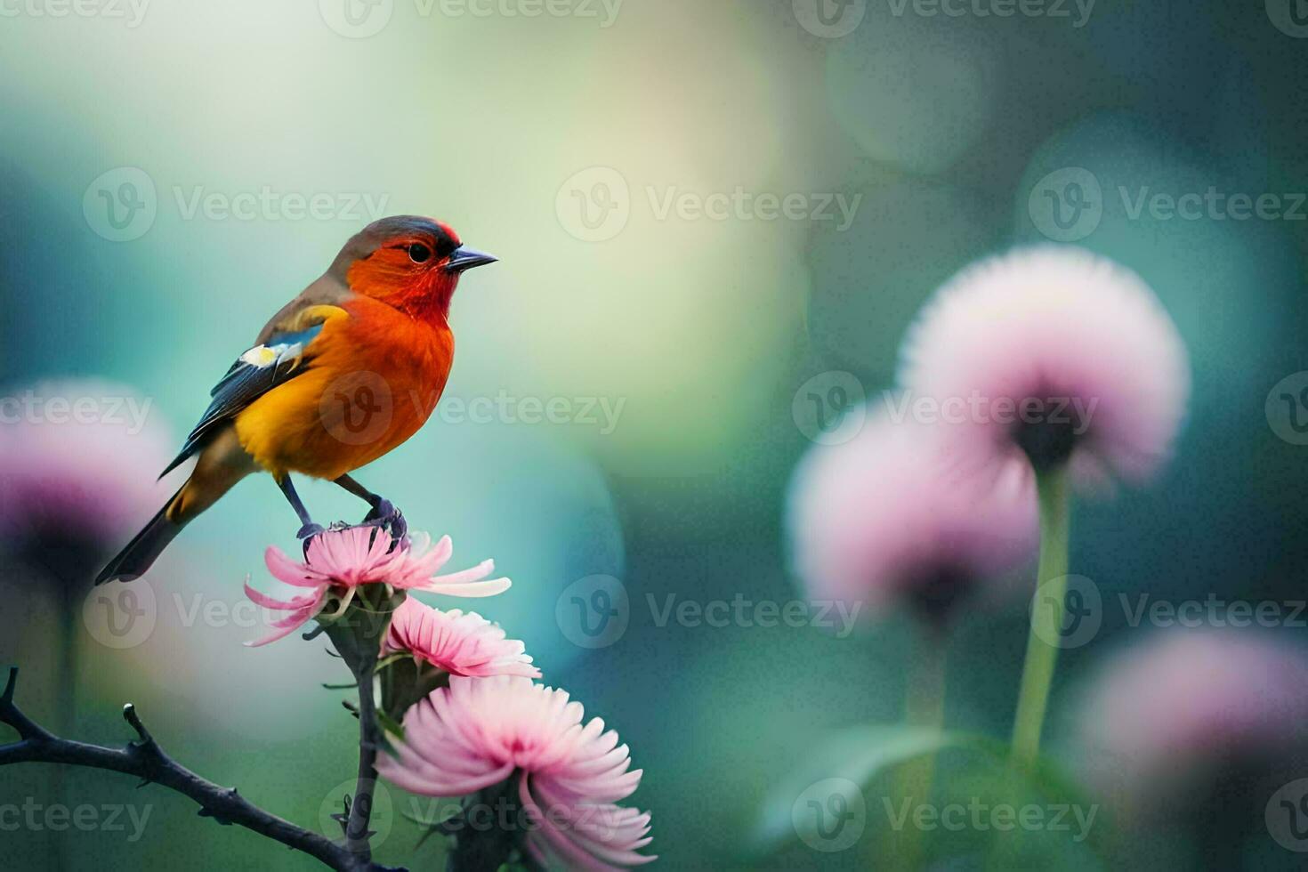 a small bird is perched on a pink flower. AI-Generated photo