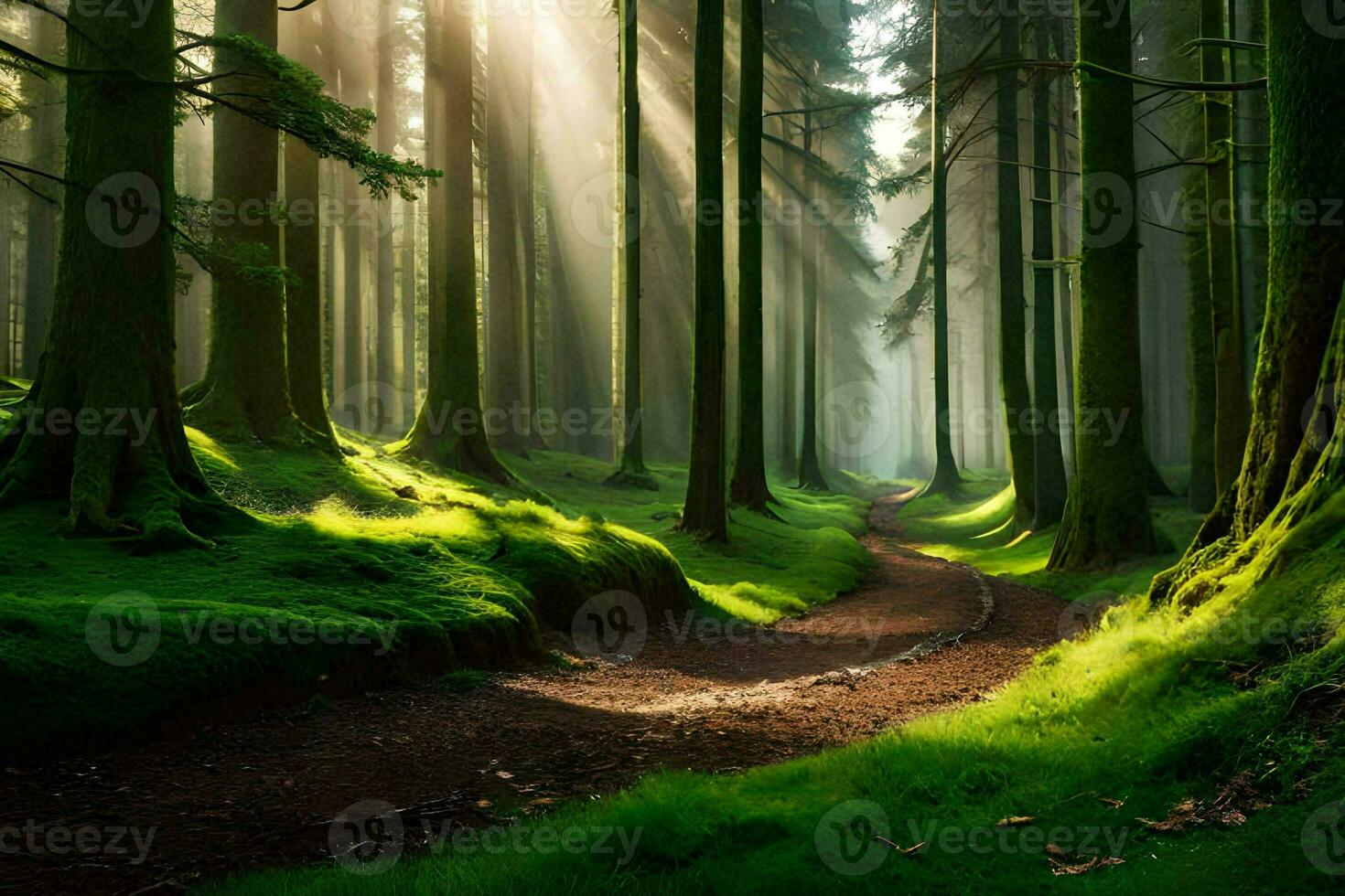 a path through a forest with sunlight shining through the trees. AI-Generated photo