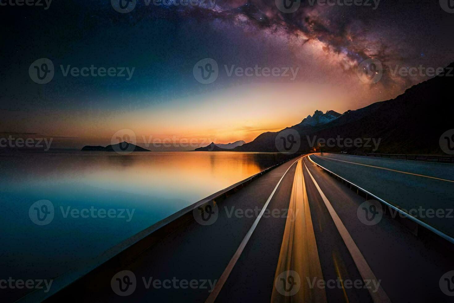 a long exposure photograph of a road and the milky way. AI-Generated photo