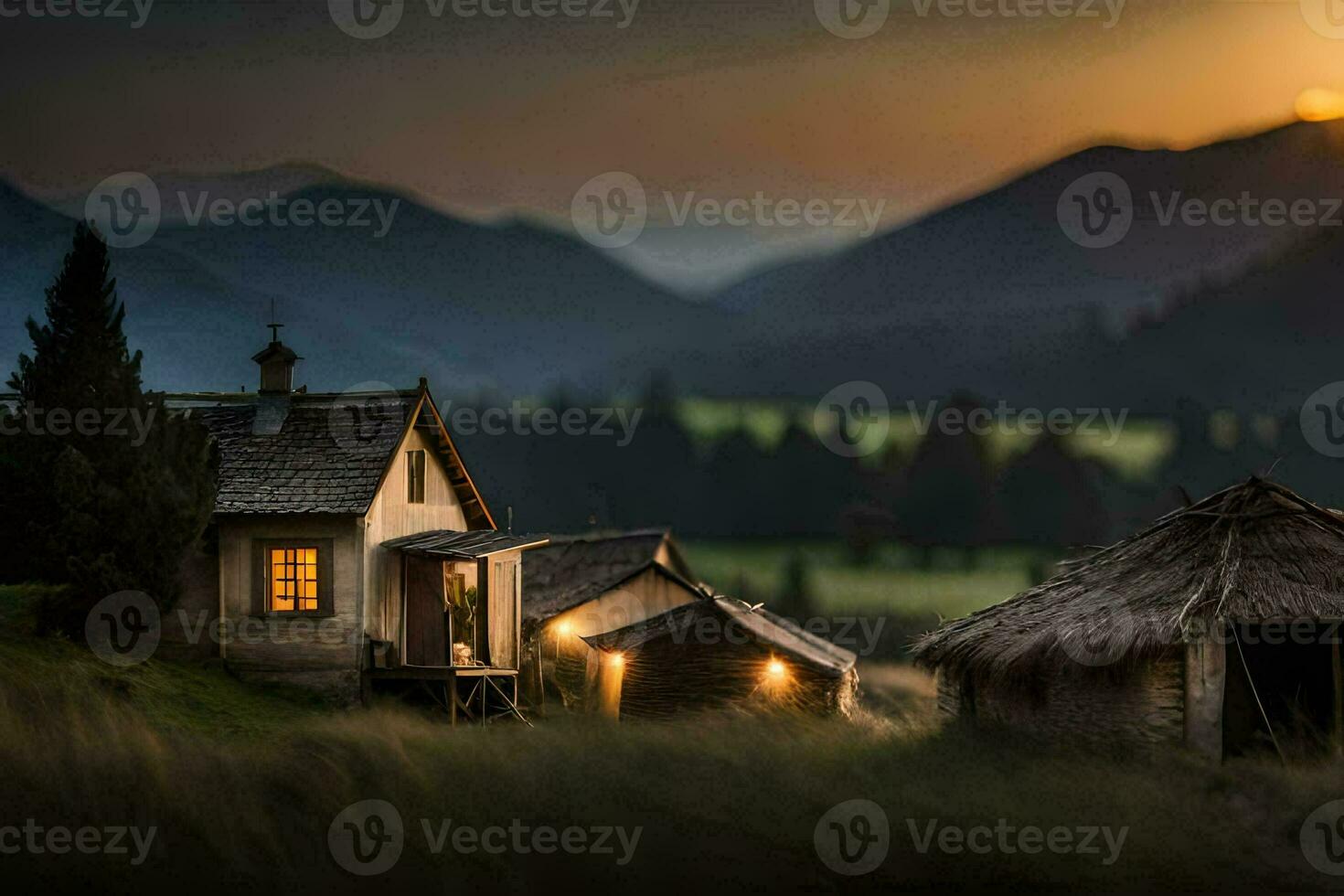 a small house in the mountains with a sunset. AI-Generated photo