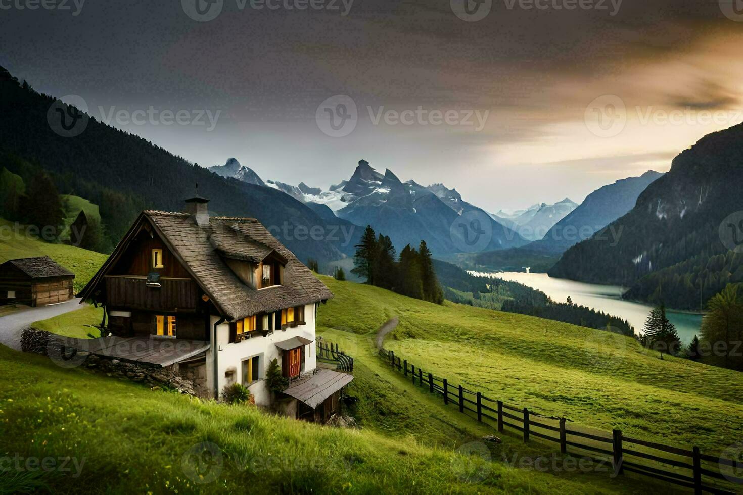 the house in the mountains. AI-Generated photo
