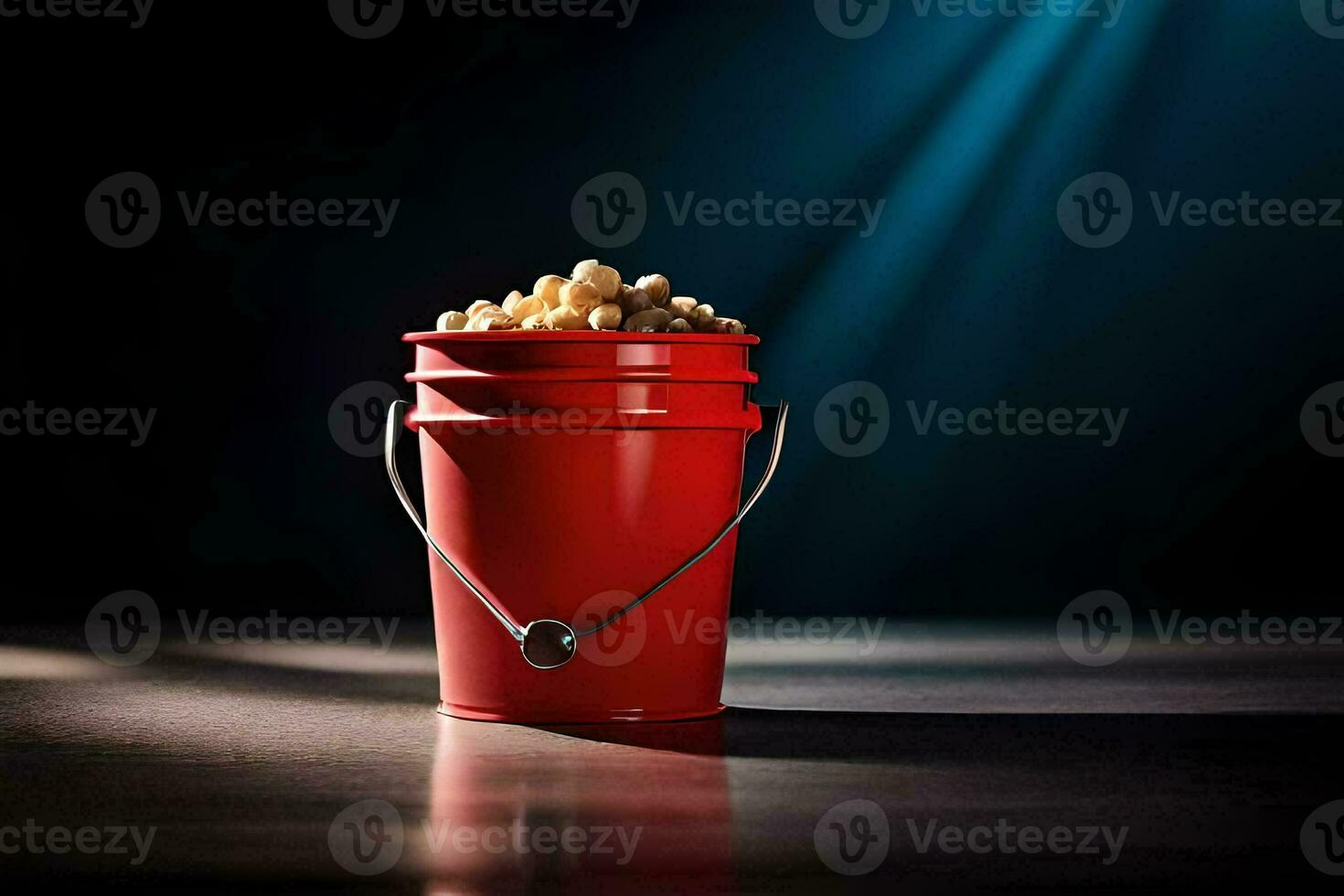 a red bucket filled with popcorn on a dark table. AI-Generated photo