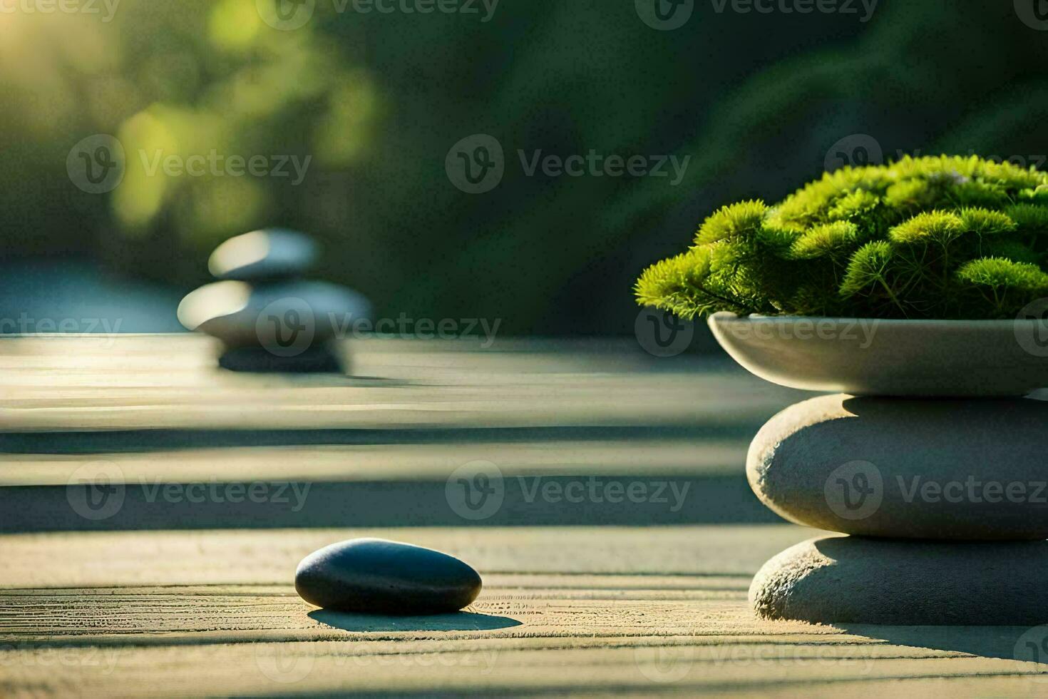 a small plant in a bowl on a wooden table. AI-Generated photo