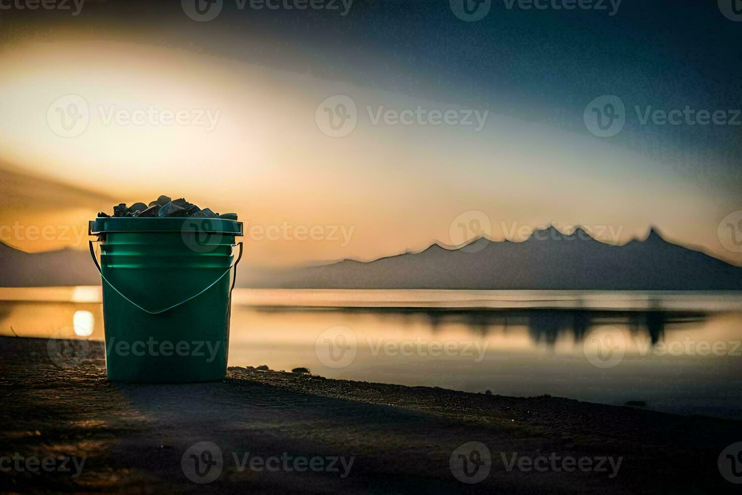 a bucket of rocks sitting on the beach at sunset. AI-Generated photo