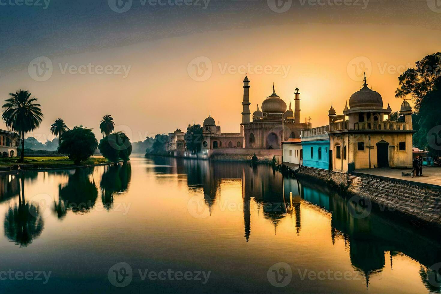 el puesta de sol terminado el río en India. generado por ai foto