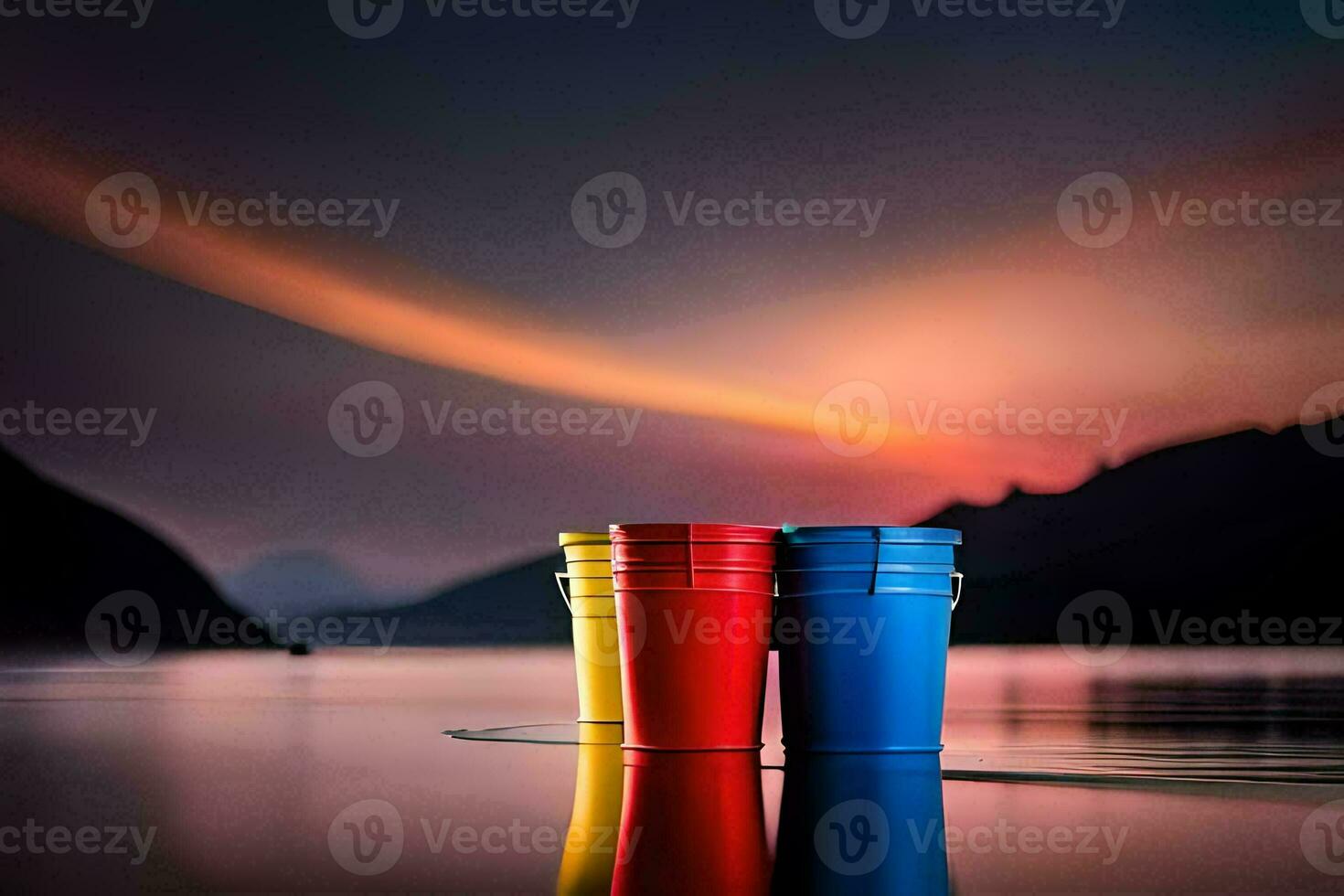 three red cups sitting on the edge of a lake. AI-Generated photo