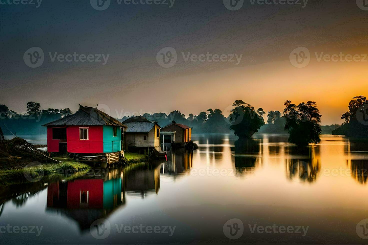 a colorful house sits on the shore of a lake. AI-Generated photo