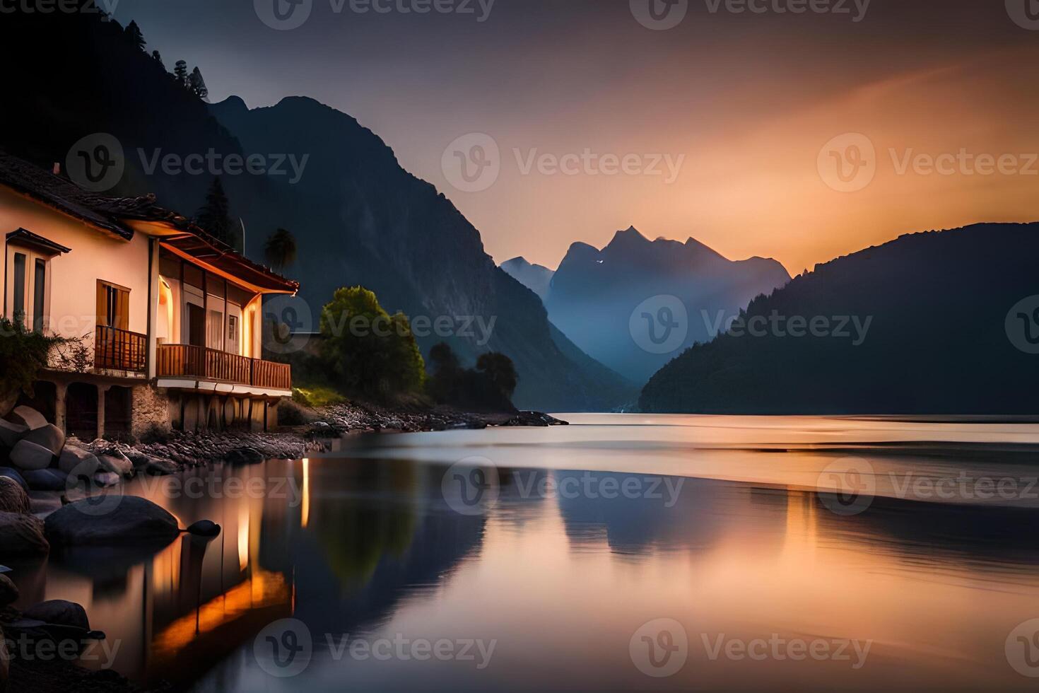 a house sits on the shore of a lake at sunset. AI-Generated photo