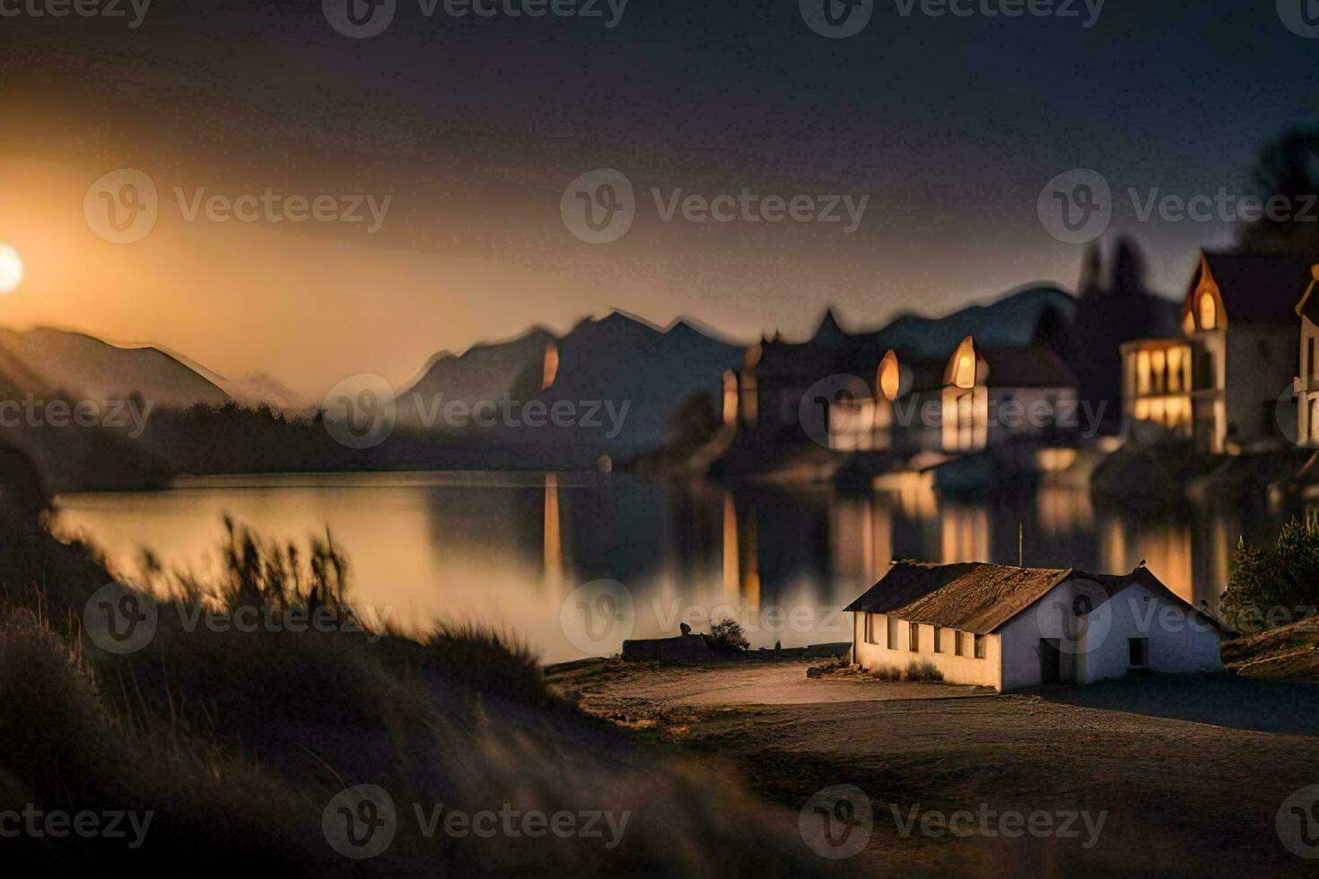 photo wallpaper the sky, water, mountains, houses, lake, sunset, the sun. AI-Generated