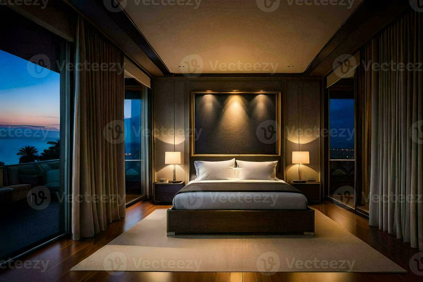 un dormitorio con un grande cama y un ver de el océano. generado por ai foto