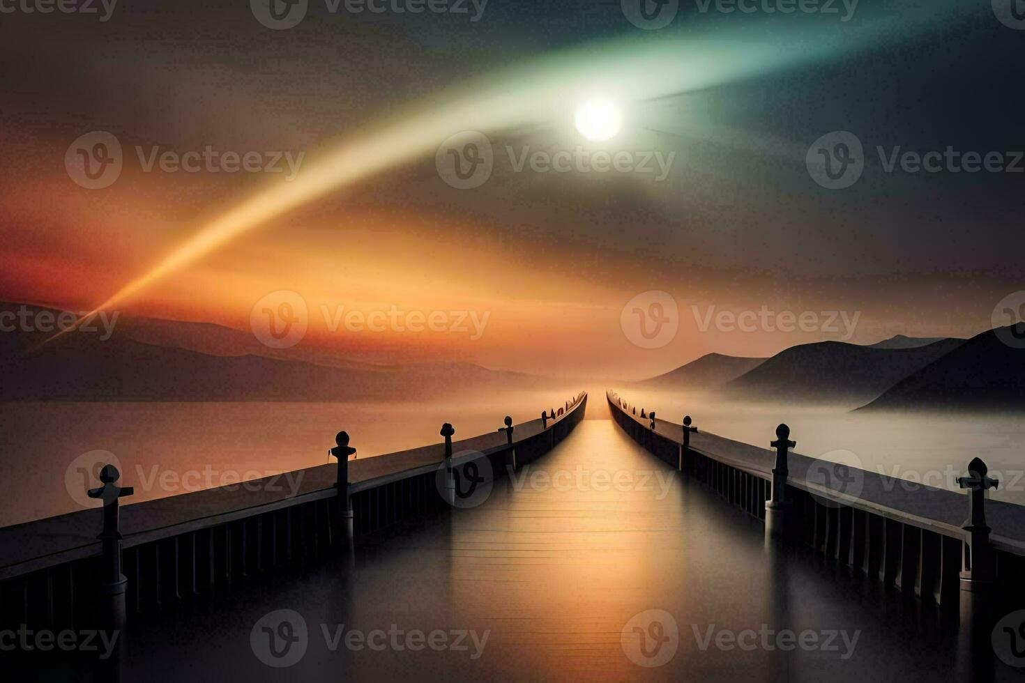 a long pier with a bright sun shining over it. AI-Generated photo