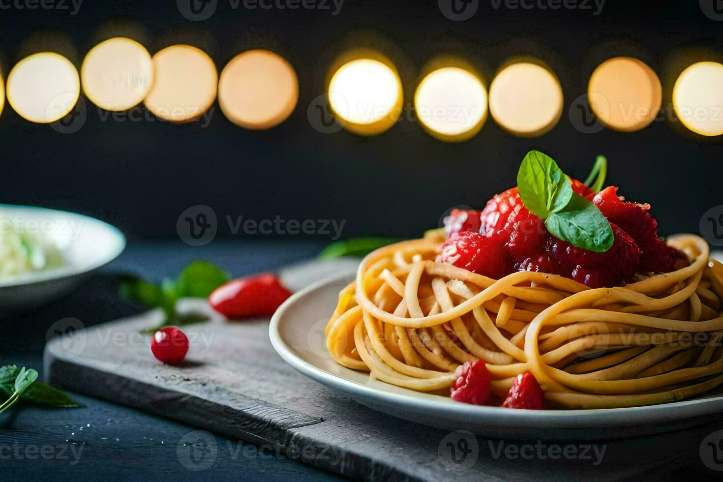 spaghetti with tomato sauce and fresh strawberries on a wooden table. AI-Generated photo