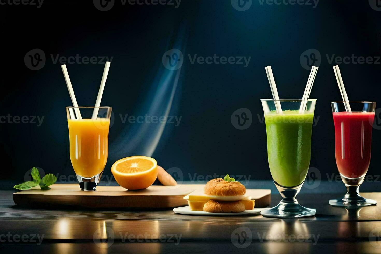 three different types of juices and drinks on a table. AI-Generated photo