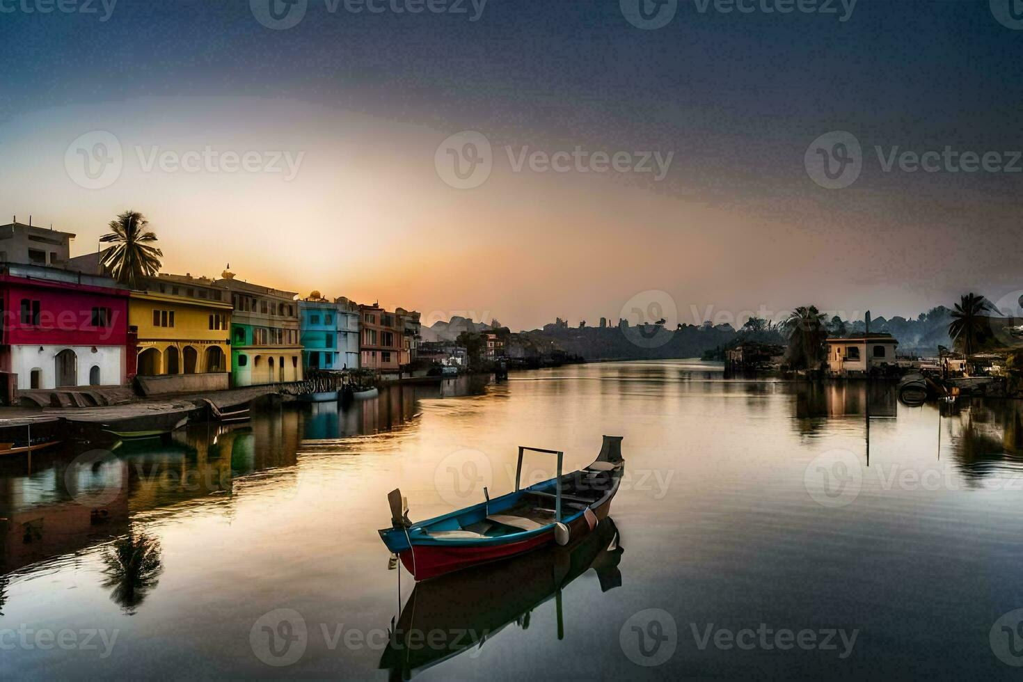 a boat sits on the water at sunset in a town. AI-Generated photo
