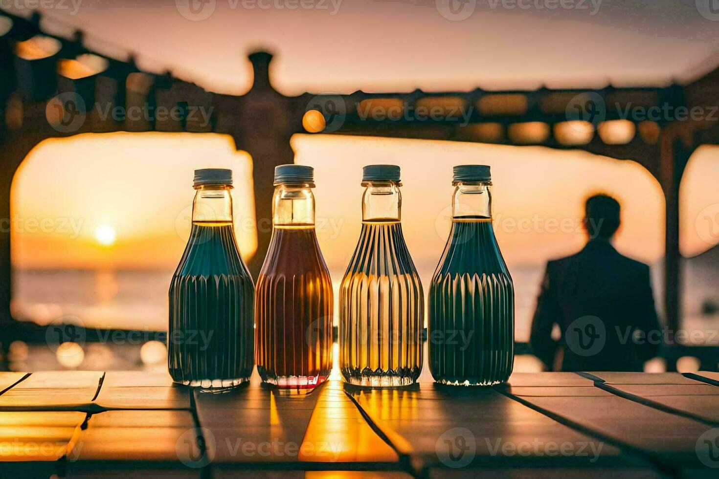 four bottles of soda sitting on a table in front of a sunset. AI-Generated photo