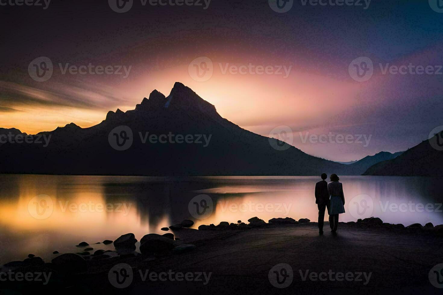 a couple standing on the shore of a lake at sunset. AI-Generated photo