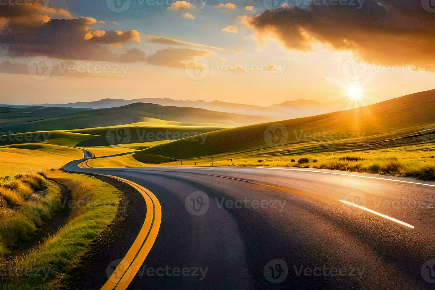 the sun sets over a road in the middle of a field. AI-Generated photo