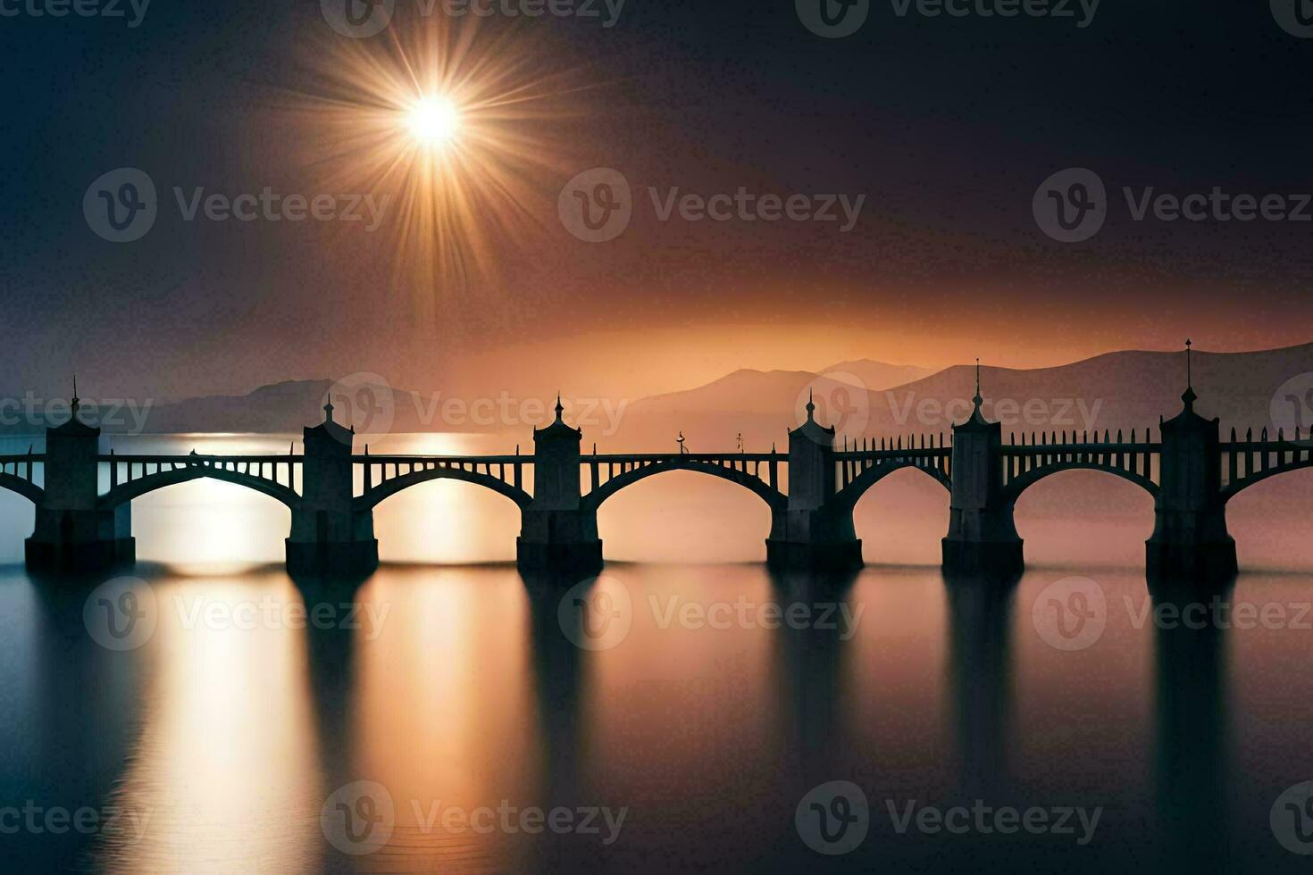 un puente abarcando terminado agua a puesta de sol. generado por ai foto