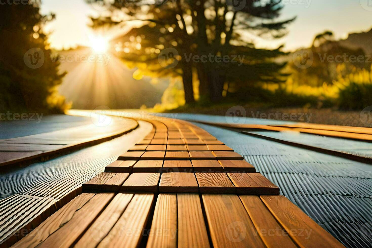 a wooden walkway with the sun shining through it. AI-Generated photo