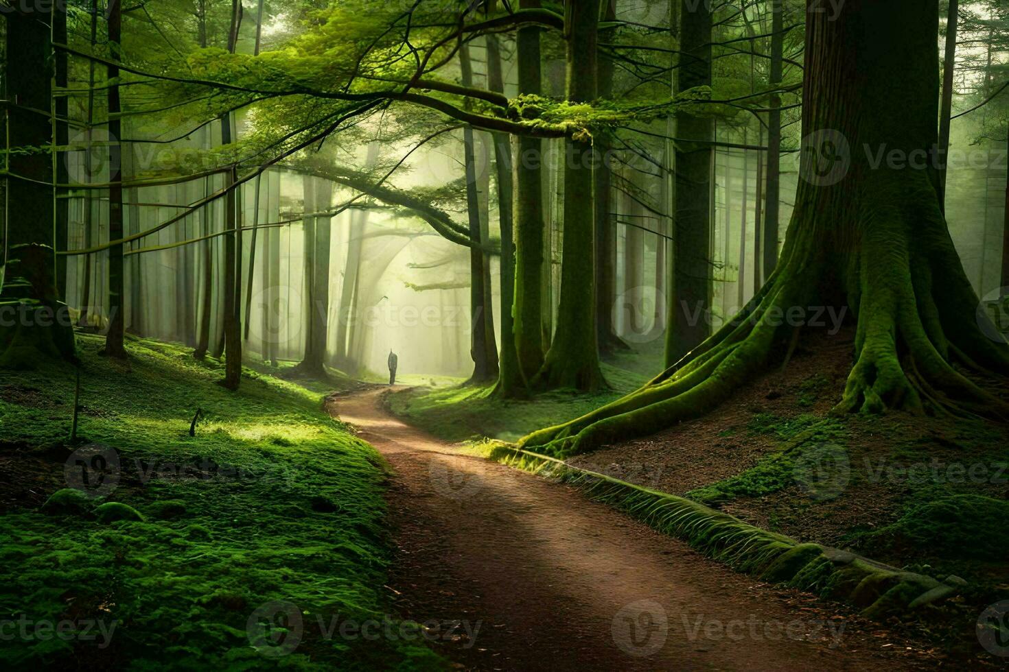 a path through a forest with trees and green grass. AI-Generated photo