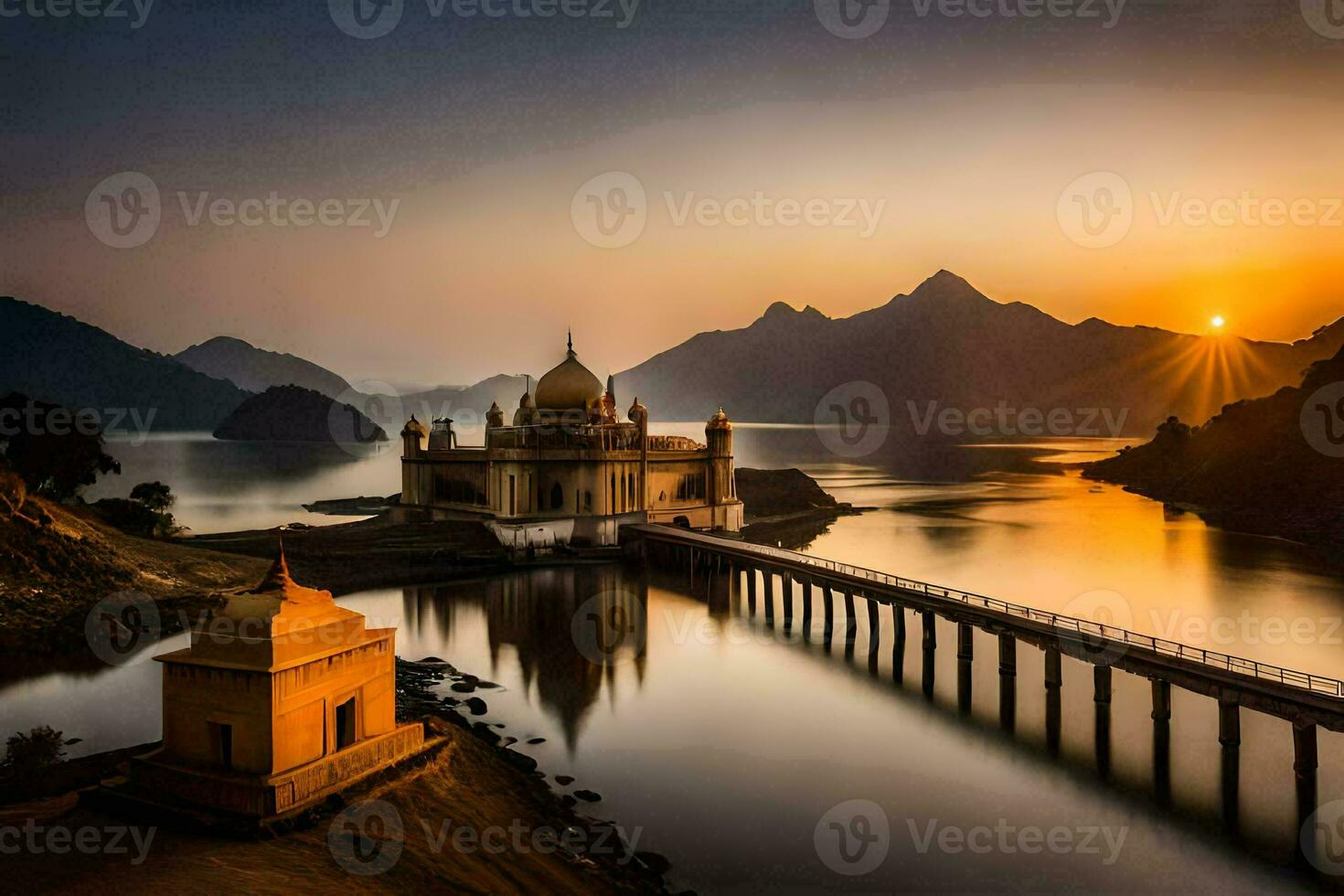 the sun rises over a lake and a temple. AI-Generated photo