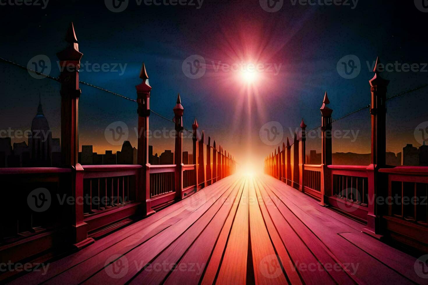 a bridge over a city at night with the sun shining. AI-Generated photo