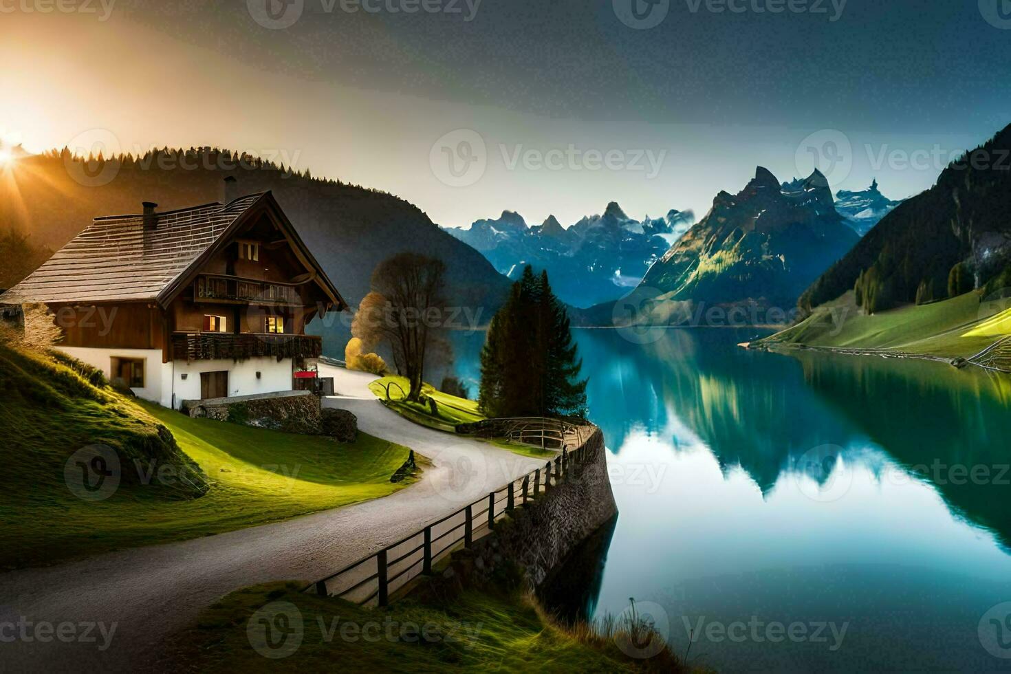 a beautiful house on the side of a mountain lake. AI-Generated photo