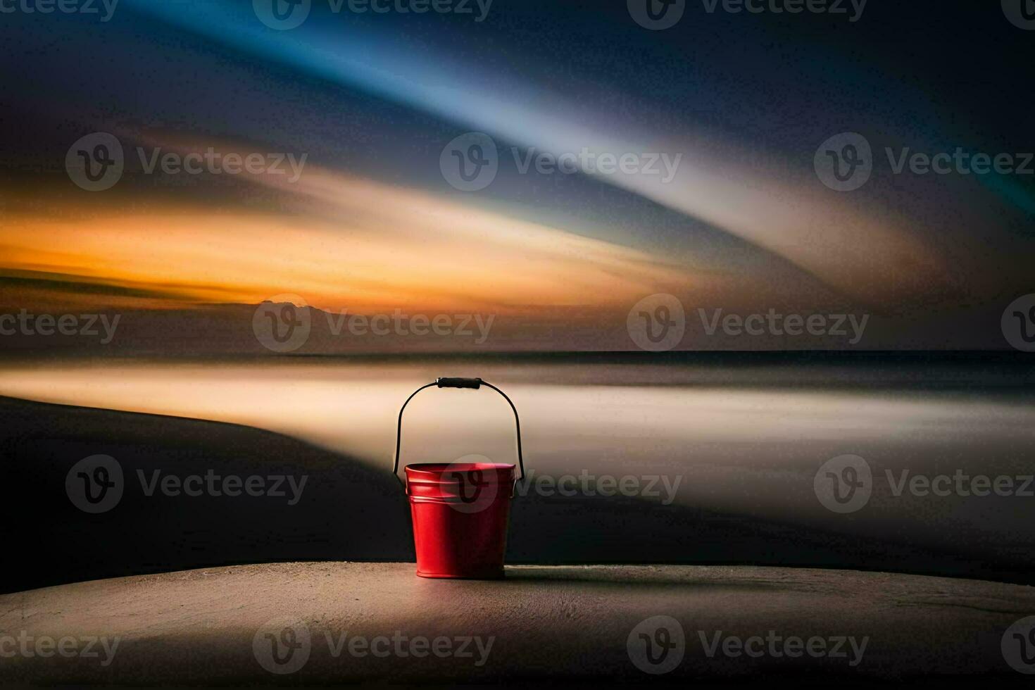 a red bucket sits on the edge of a beach at sunset. AI-Generated photo