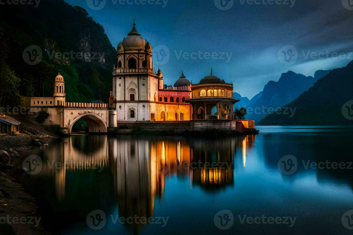 a beautiful building sits on the shore of a lake. AI-Generated photo