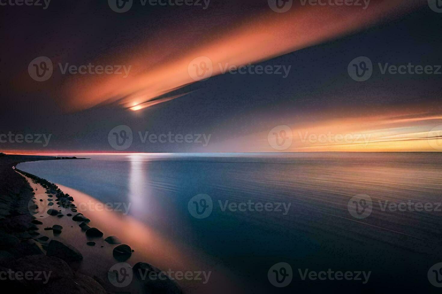 a long exposure photograph of the sunset over the ocean. AI-Generated photo