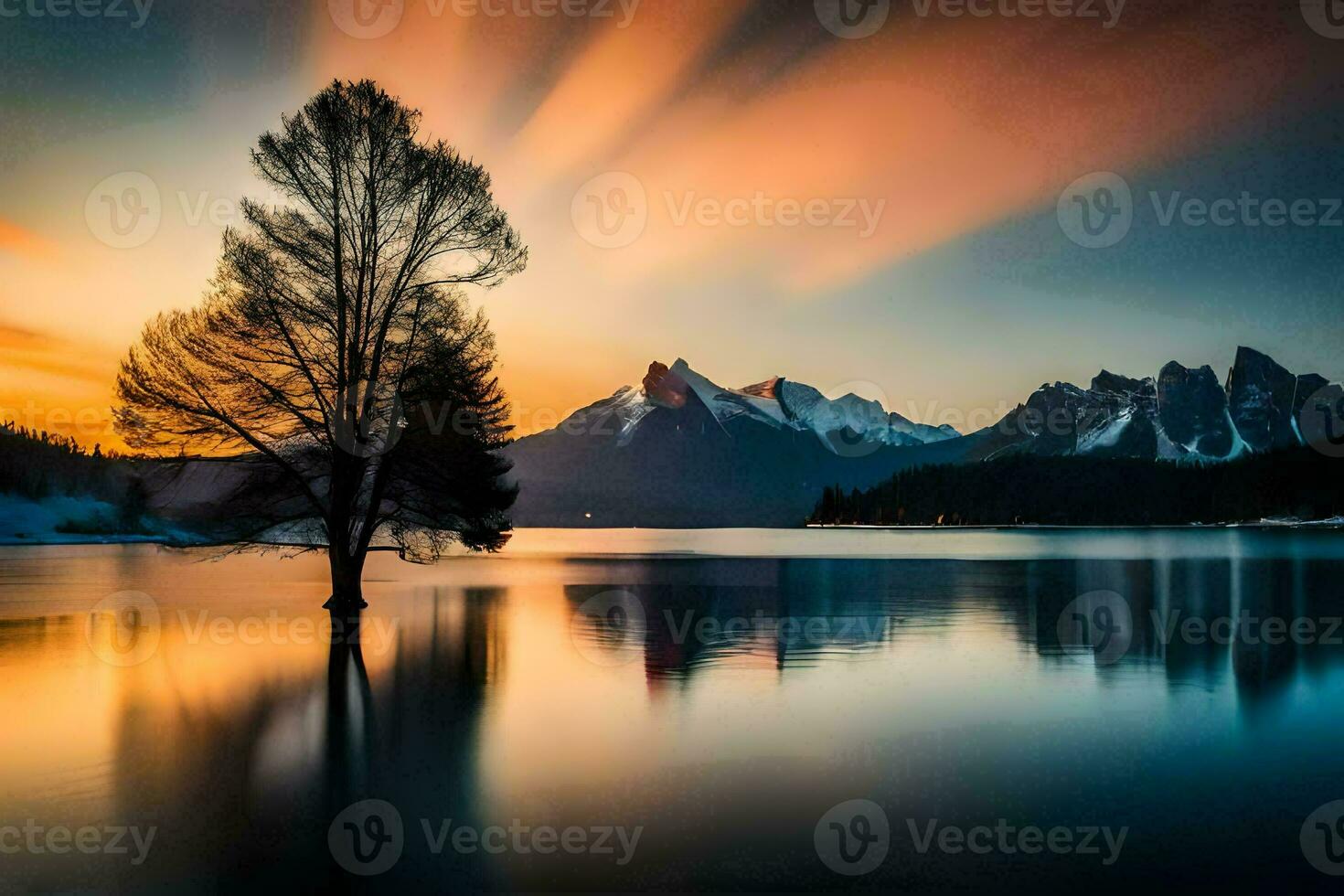 a tree stands in the middle of a lake at sunset. AI-Generated photo
