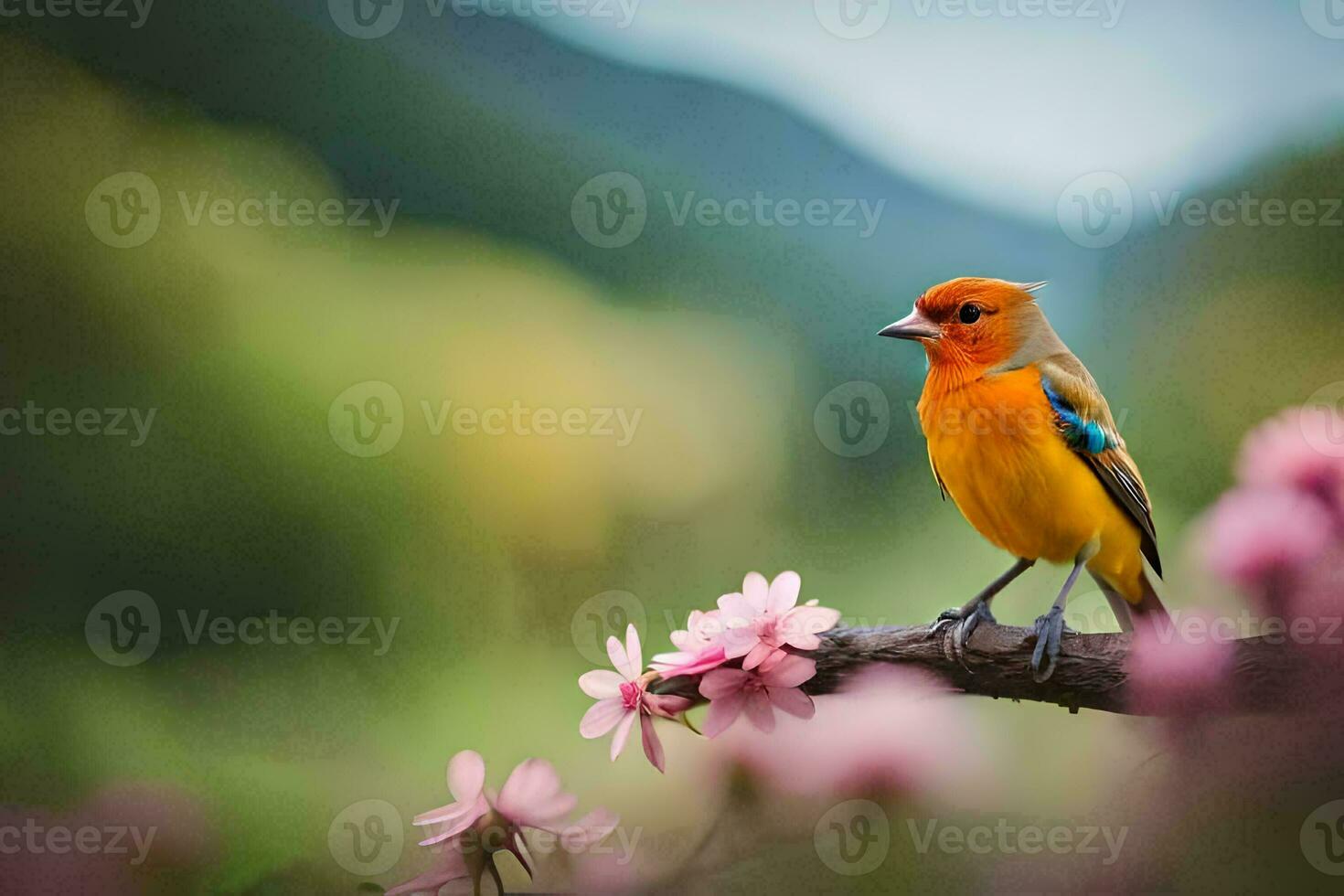 un pequeño naranja pájaro es encaramado en un rama con rosado flores generado por ai foto