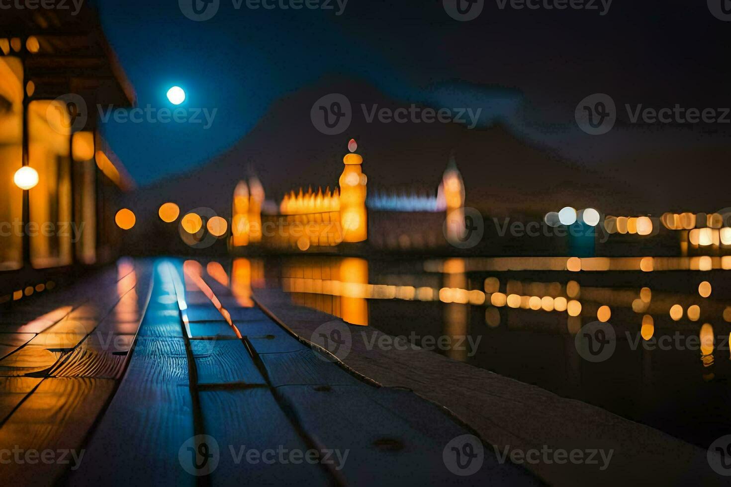 un noche Disparo de un lago y un iglesia. generado por ai foto