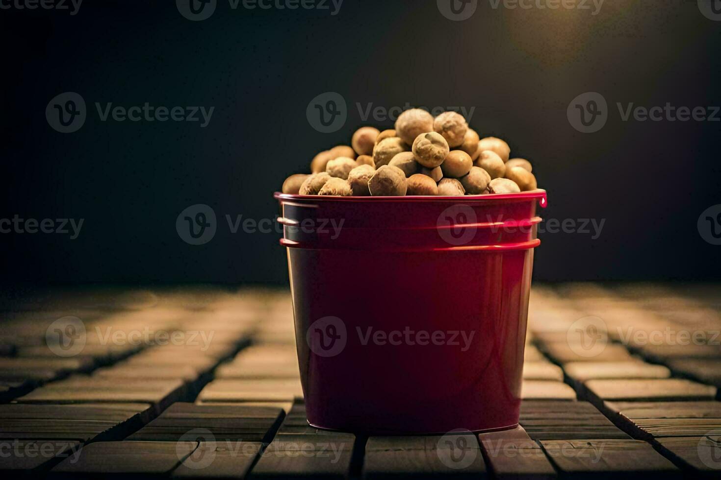 a red bucket filled with peanuts on a wooden table. AI-Generated photo