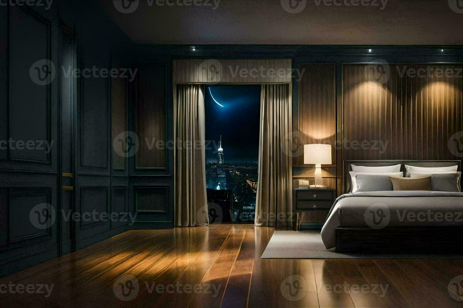 a bedroom with a view of the city. AI-Generated photo