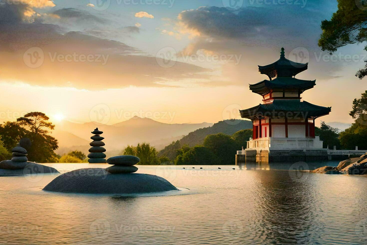 a pagoda sits in the water at sunset. AI-Generated photo