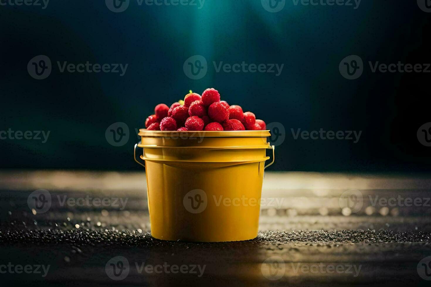 a bucket full of raspberries on a dark background. AI-Generated photo