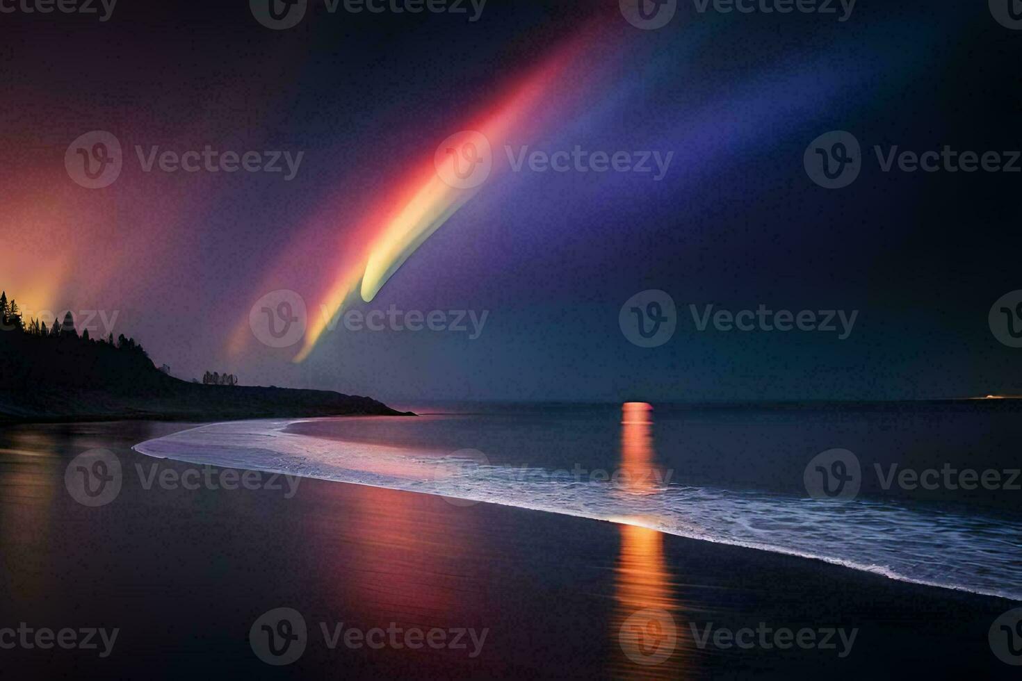 a rainbow light shines over the ocean and beach. AI-Generated photo