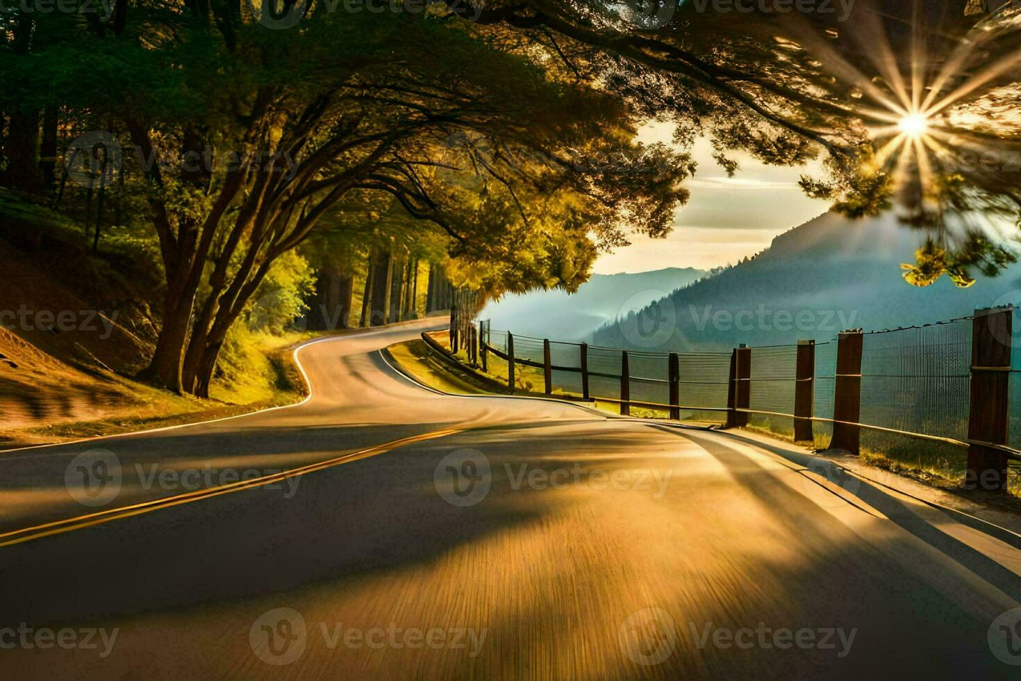 a road with the sun shining on it. AI-Generated photo