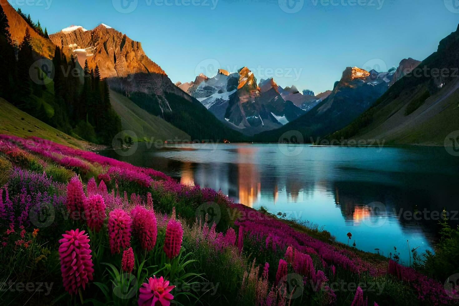 the mountains are reflected in the lake. AI-Generated photo