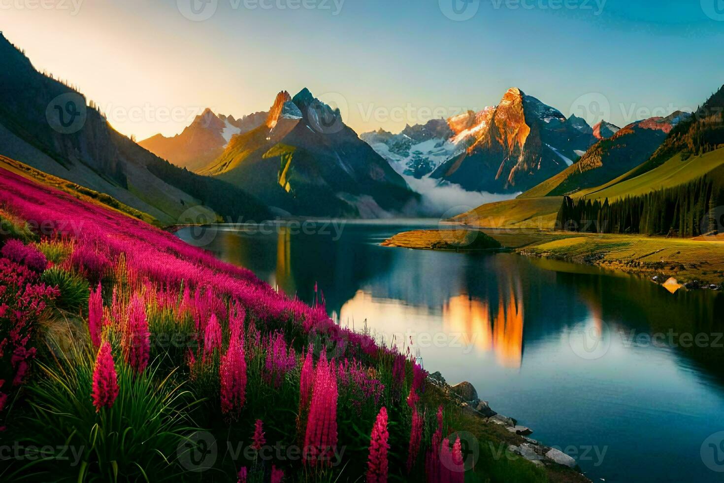 the mountains are covered with pink flowers and the sun is shining on the lake. AI-Generated photo