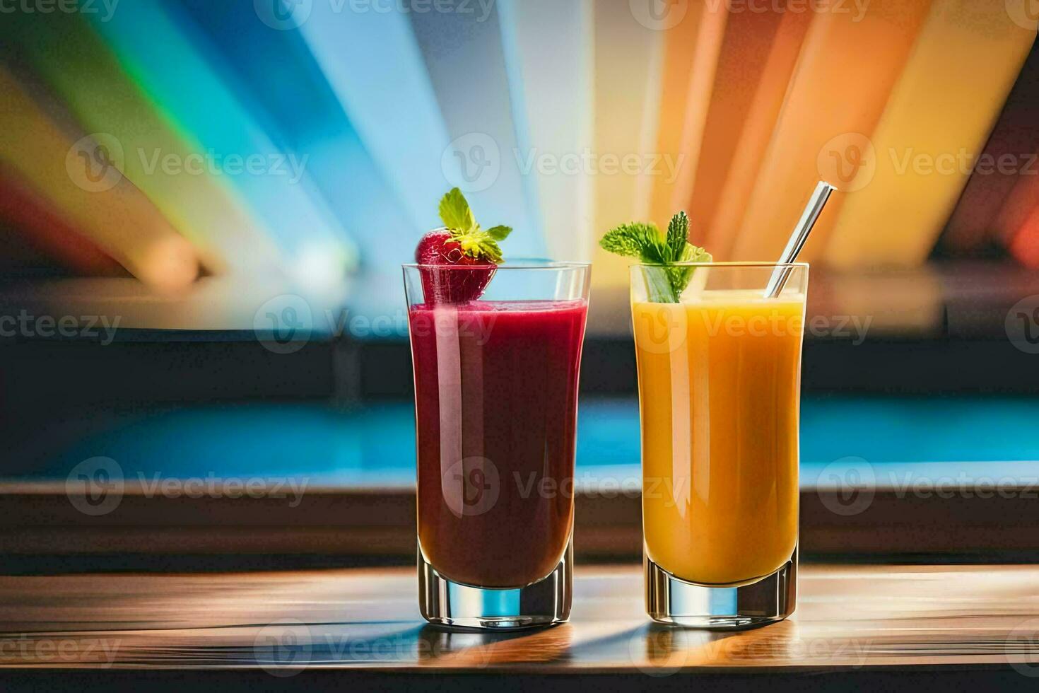 two glasses of juice with colorful lights behind them. AI-Generated photo
