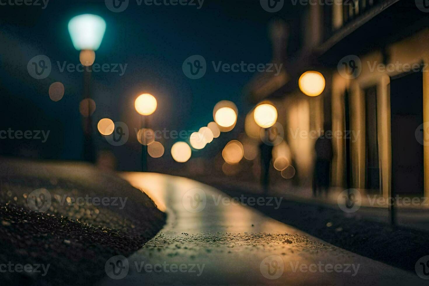 a street at night with lights on the street. AI-Generated photo