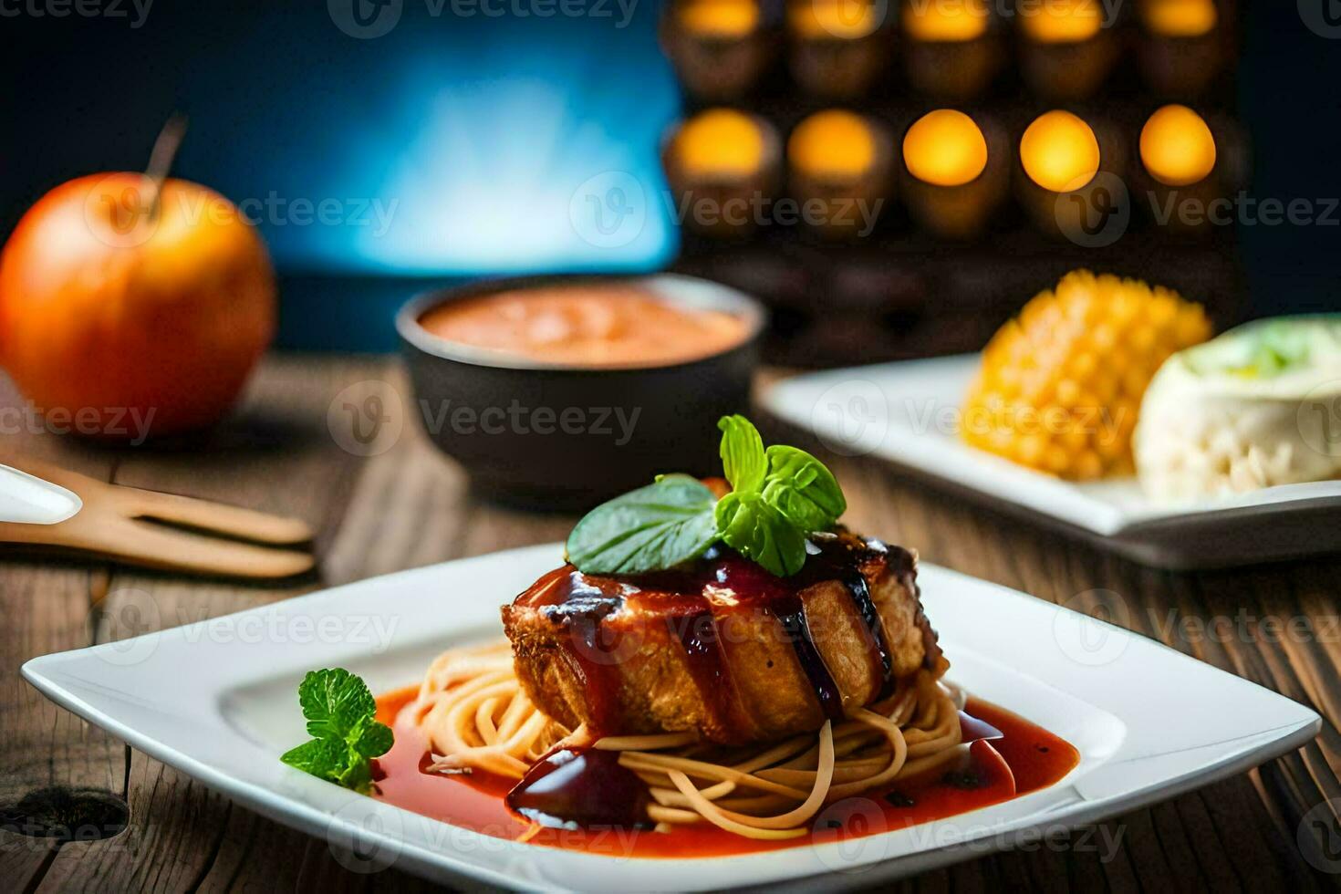 a plate with spaghetti and meat on it. AI-Generated photo