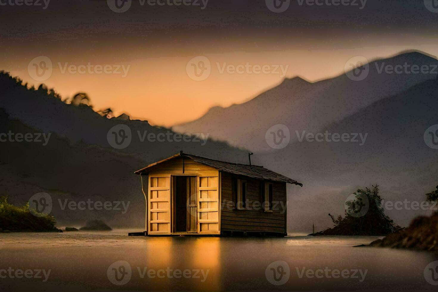 a small hut sits on the edge of a lake at sunset. AI-Generated photo