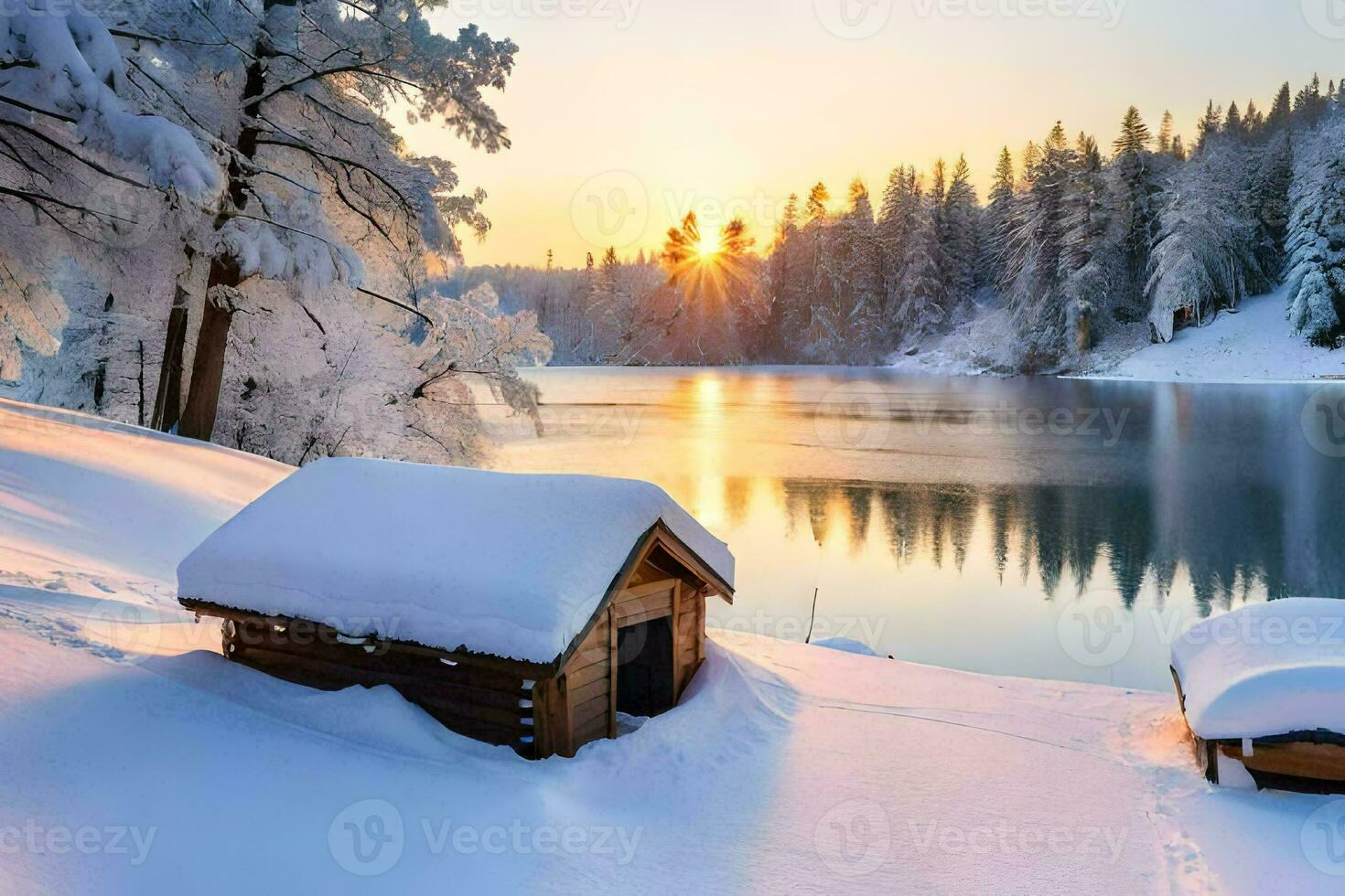 snow covered cabin in the winter. AI-Generated photo