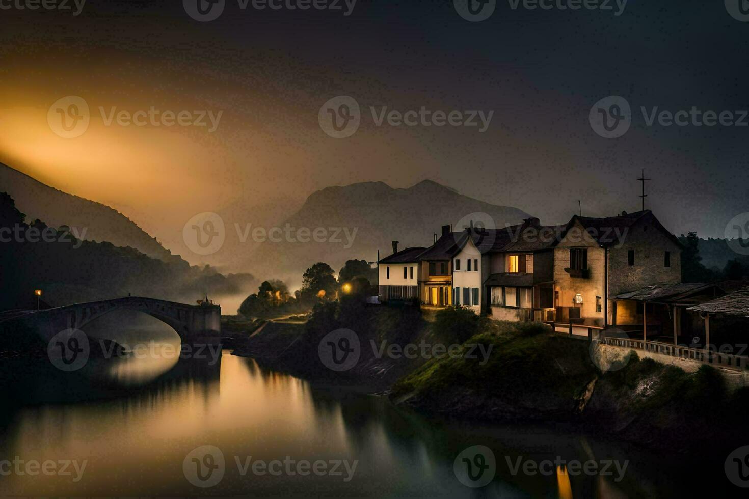 a bridge over a river at dusk with houses and mountains in the background. AI-Generated photo